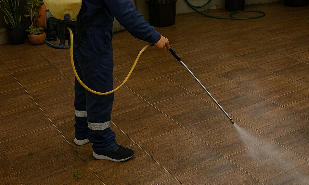 Fumigador aplicando tratamiento en exteriores de casa, control preventivo de plagas