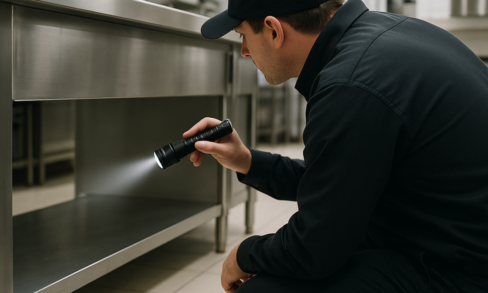 técnico de fumigación inspeccionando plaga en domicilio